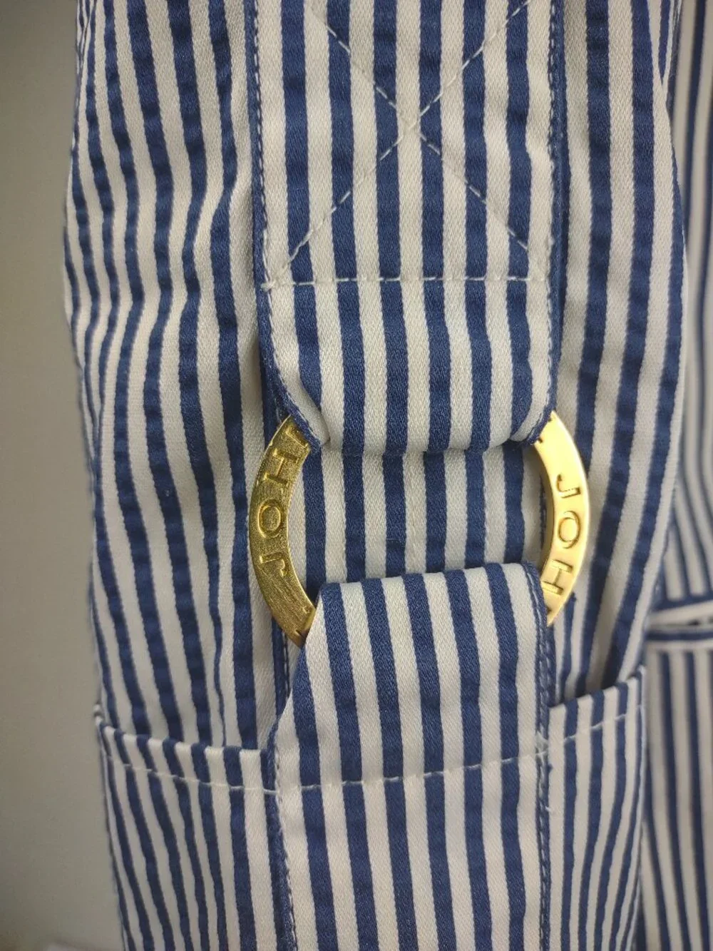 St. John blue white striped tabbed sleeve button front blazer jacket womens 4 - Picture 5 of 10